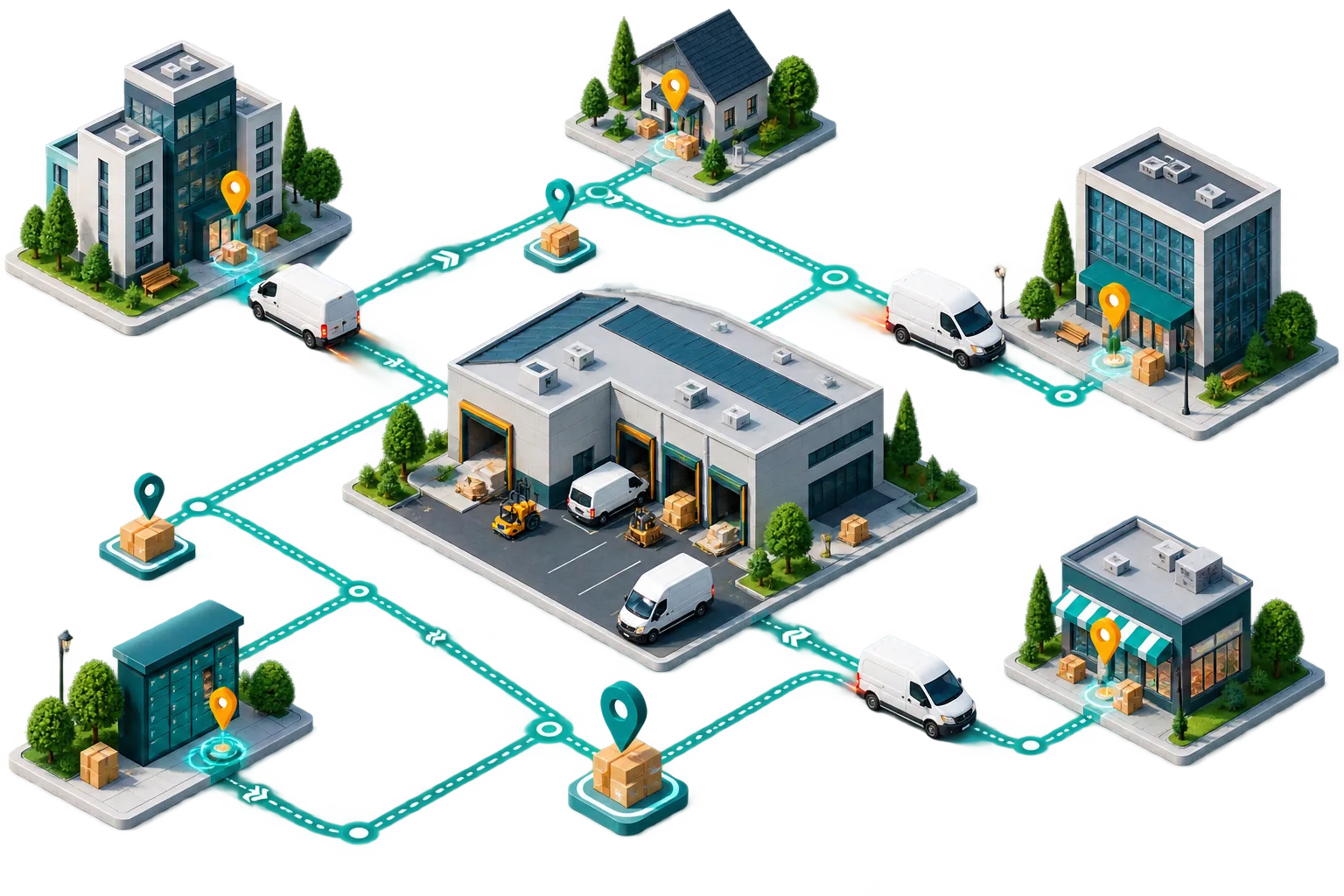 A courier network connecting collection points, hubs, delivery routes and recipients